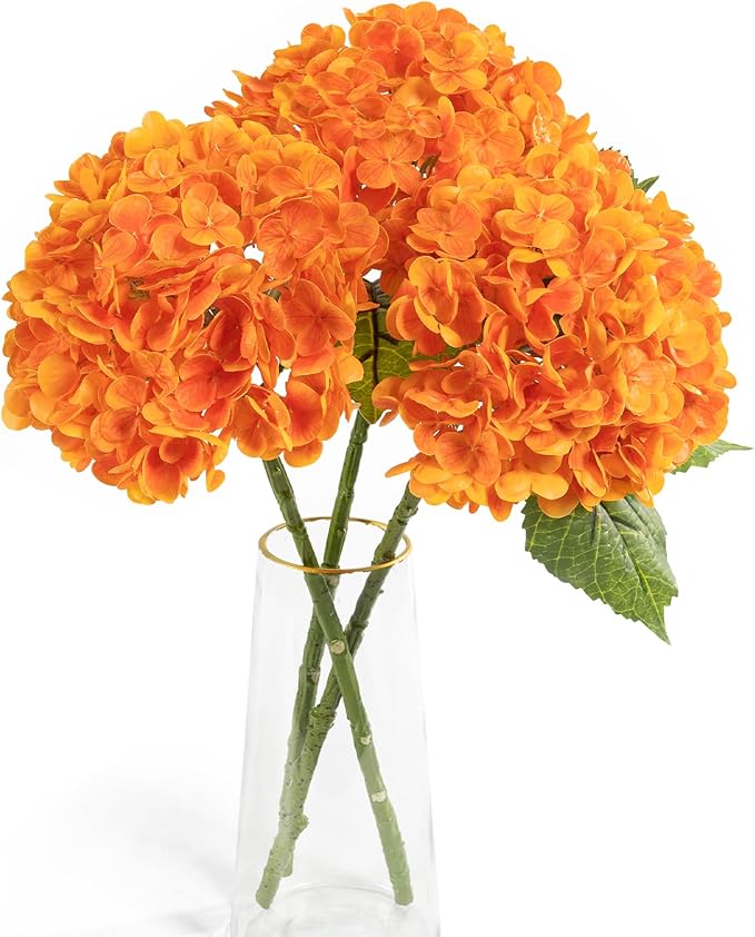 BonBloom's Fall Decor,3 Pcs Orange Hydrangea Artificial Flowers Latex Real Touch Faux Hydrangeas Lifelike Fake Hydrangea Flowers for Wedding Bouquet Party Table Centerpieces Outdoor Home Decor
