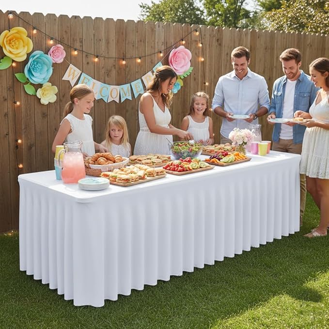 HolidayIdeas White 8ft Spandex Wedding Tablecloth Fitted Stretch Table Skirts 30x96 Inch, Wrinkle-Free Floor Length Polyester Table Cover for Birthday Parties Engagement, Banquets, Events,4 Pack