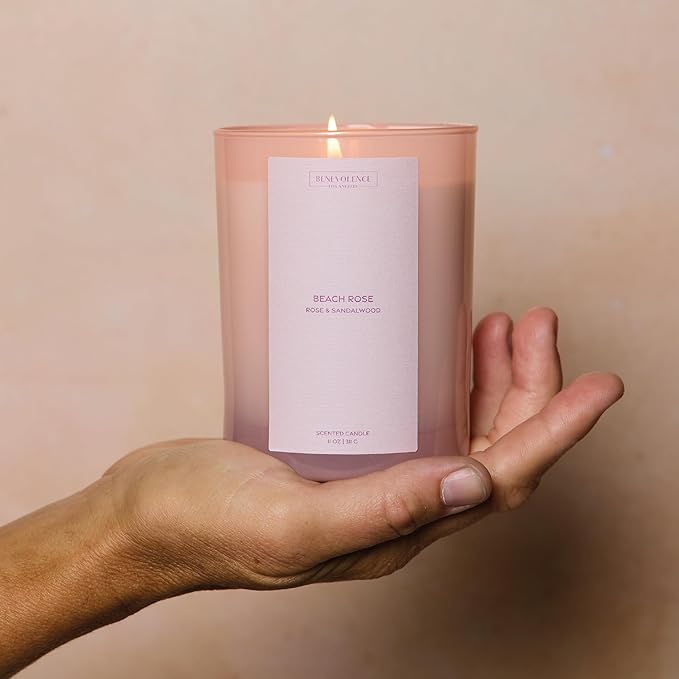 Rose & Sandalwood Scented Candle | 11oz, 60 Hour Burn | Natural Soy Wax, Cotton Wick | Fall & Holiday Candles | Christmas Scented Candles for Home | Benevolence LA Sun-Kissed Collection - Beach Rose
