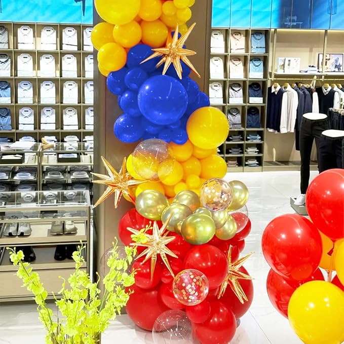 Blue Yellow Red and Gold Balloon Arch Kit, 156Pcs Latex Baloons Garland with 4D Star Balloons for Baby Shower Anniversary Birthday Wedding Graduation Office Party