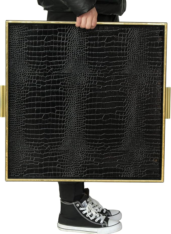 HofferRuffer Extra Large Square Serving Tray, Elegant Faux Leather Ottoman Tray with Gold Hardware Handles, Serve Tea, Coffee or Breakfast in Bed, 24 x 24 inches (Black Croco)