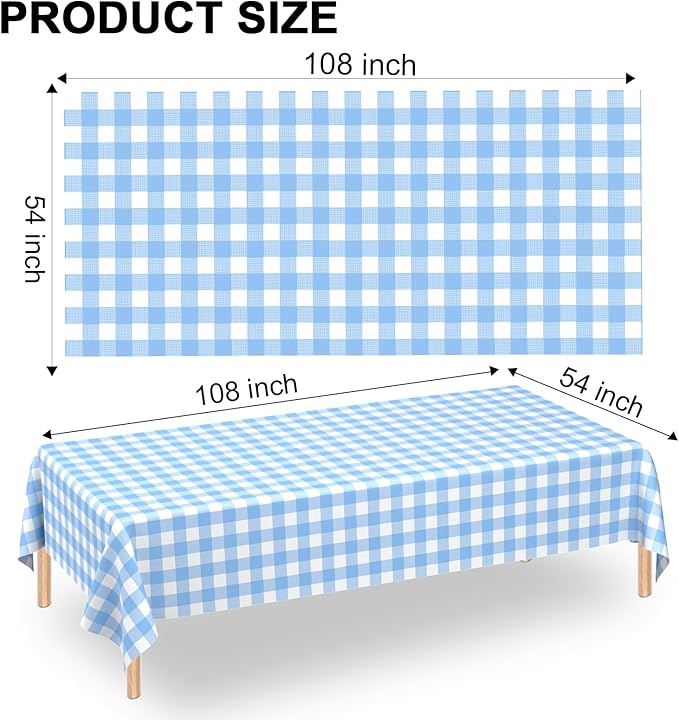 4 Pcs Light Blue Checkered Tablecloth Rectangular Pale Blue and White Gingham Tablecloths Disposable Plastic Plaid Table Cover for Parties, Outdoor Picnic, Birthday, Wedding, Camping 54 × 108 Inch