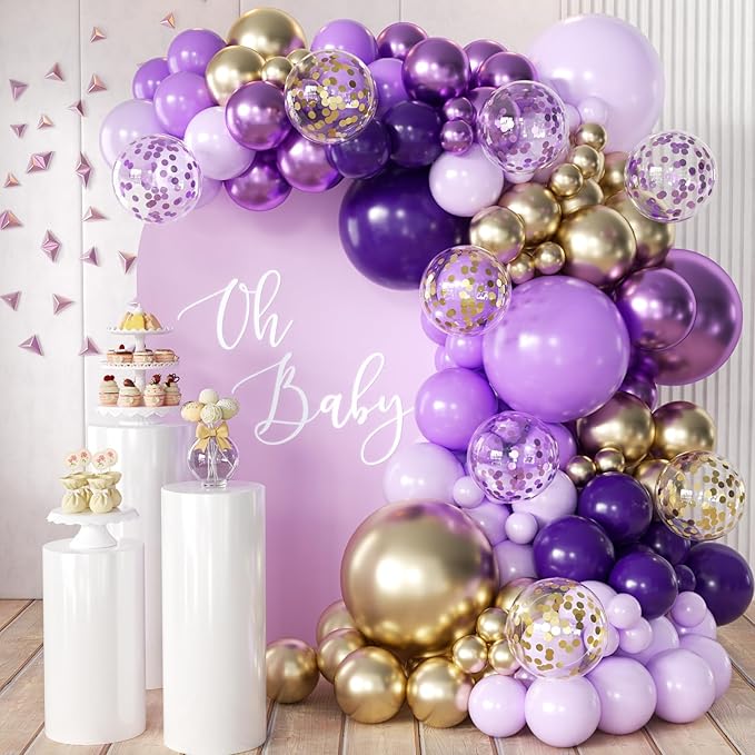 Purple and Gold Balloons Arch Kit, 155Pcs Lavender Dark Purple Pastel Purple Lilac and Gold Balloon Garland for Baby Girl Princess Party Birthday Graduation