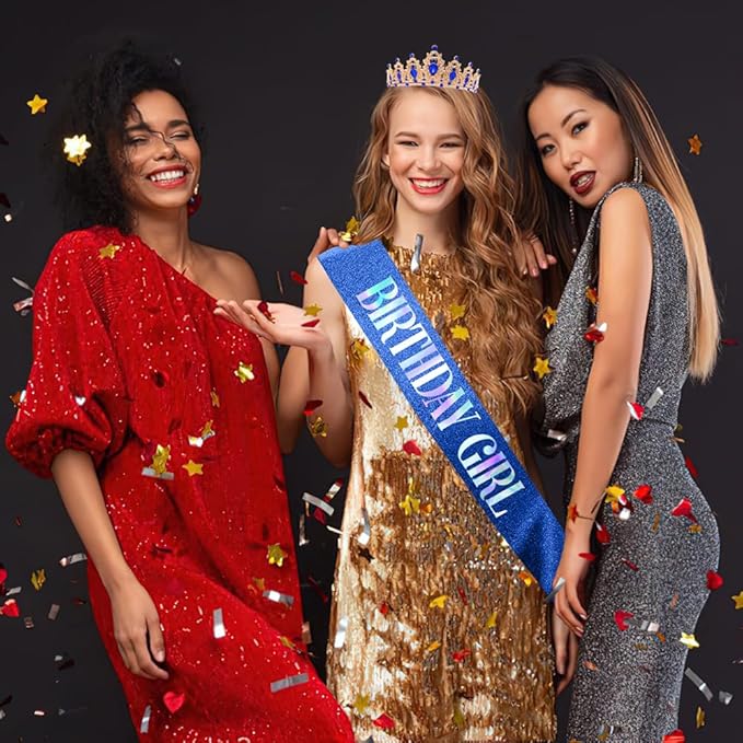 Birthday Crown Headband & Sash - Gold+Blue, Rhinestone Tiara for Women - Regal Style, Birthday Party Accessory