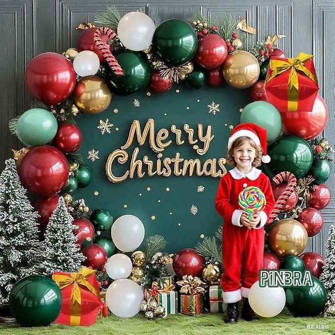 Christmas Balloon Arch Kit Double Stuffed Dark Green Red White Balloon Emerald Green Gold Burgundy Garland Pearl White Latex for Birthday Wedding Festival Christmas Party Decorations