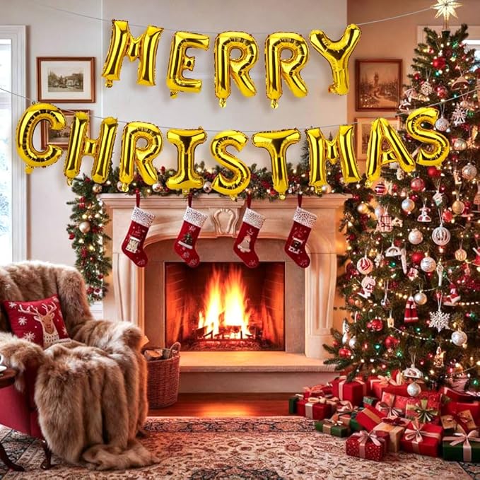16 Inch Merry Christmas Balloons 14 PCS Gold Balloons Banner Xmas Letter Aluminum Mylar Foil Balloon Kit Decorations Backdrop for Holiday Hanging Decor Party Favors Supplies Theme Indoor Outdoor