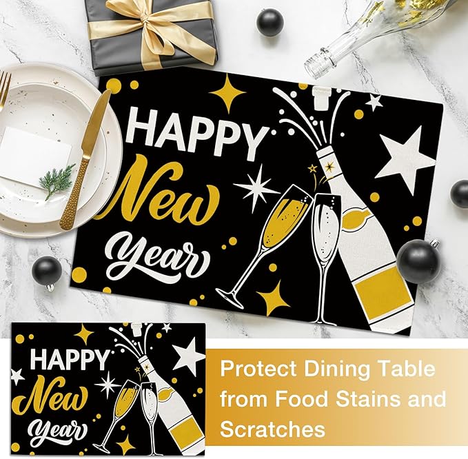 Seliem Happy New Year 2026 Black Gold Placemats Set of 4, Golden Champagne Stars Celebration Dining Table Place Mats, Christmas Kitchen Decor Home Decoration 12 x 18 Inch