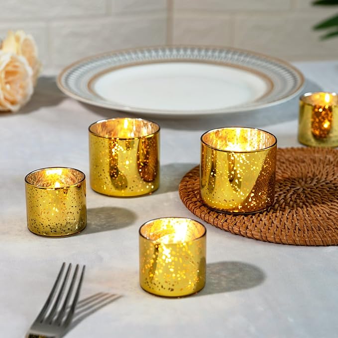 12-Piece Gold Candle Holders, Speckled Mercury Gold Votive Candle Holders, Two Models, Suitable for Wedding Table Centerpieces, Party Decorations and Home Decor