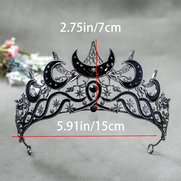 Gothic Black Moon Star Tiara Crown for Women Girls, Retro Celestial Witch Headpiece with Crescent Moon and Stars, Costume Cosplay Halloween Party Prom Wedding Birthday Accessories