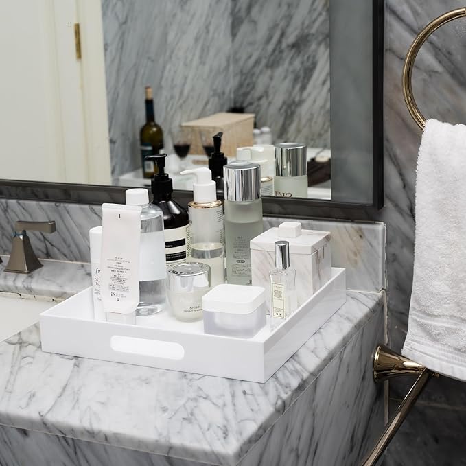 Glossy White Acrylic Serving Tray with Handles, 12x12x2H Inches - Spill Proof, Decorative Trays for Countertop, Ottoman Coffee Table, Nightstand, Breakfast, Tea, Food