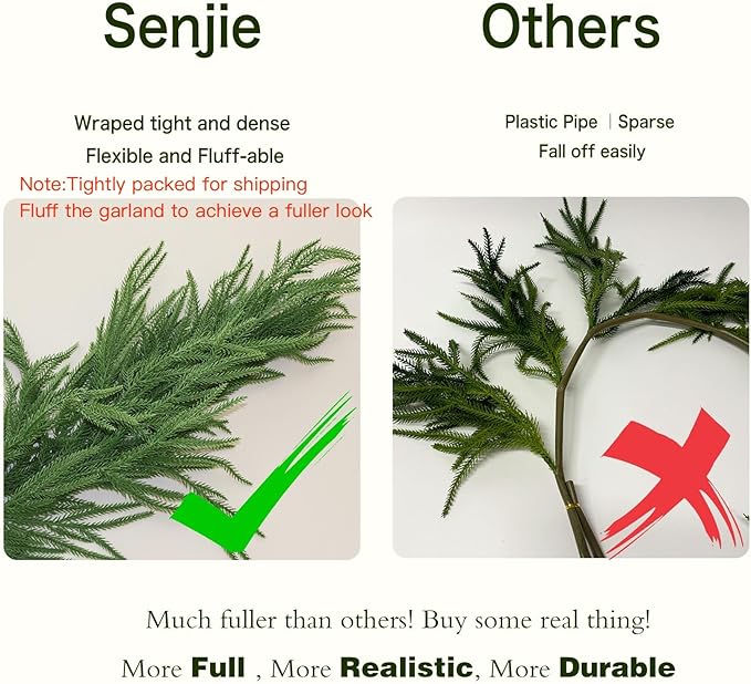 Senjie Christmas Garland Norfolk Pine Garland Real Touch Artificial Greenery Garland for Mantle Fireplace Table Indoor Outdoor Holiday Decortions 6FT 4PCS