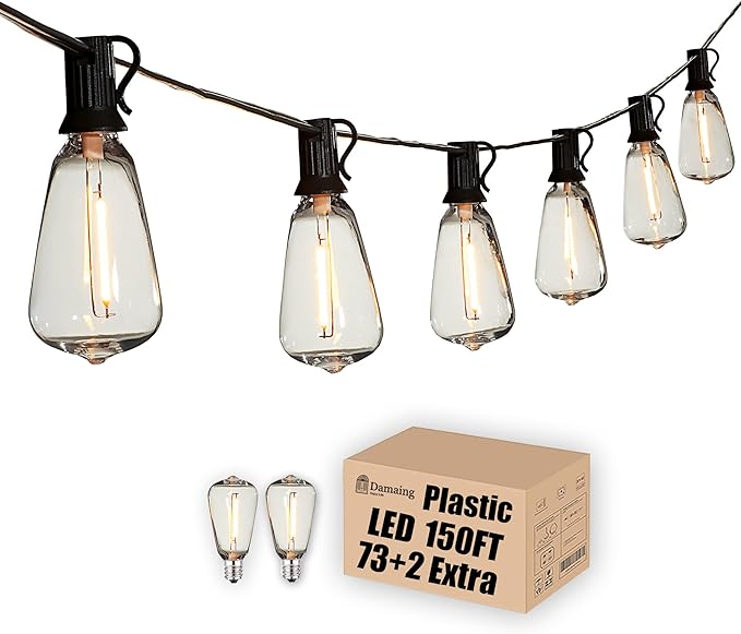 Outdoor String Lights 150 FT Patio Lights String with 75 Dimmable ST38 Plastic LED Bulbs,Vintage Shatterproof Edison String Lights Waterproof for Bistro Balcony Backyard and Gazobos.