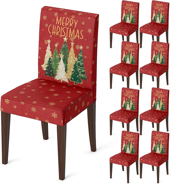 Horaldaily 8PCS Christmas Dining Red Chair Covers, Christmas Pine Tree Stars Stretch Removable Washable Slipcover Chair Protector for Dining Room Home Decor