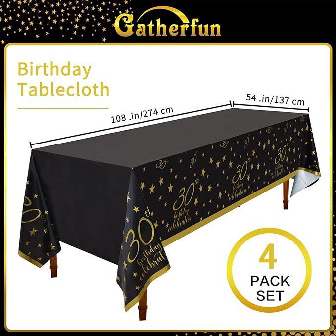 Gatherfun 30th Birthday Disposable Tablecloth 4 Pack Gold and Black Waterproof Plastic Table Cover for Men Woman 30 Birthday Party Decorations