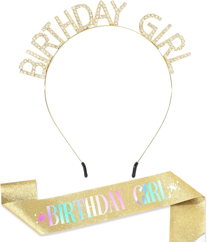 CAVETEE Birthday Girl Crown and Sash， Princess Tiara Happy Birthday Headband Party Accessories for Women and Girls