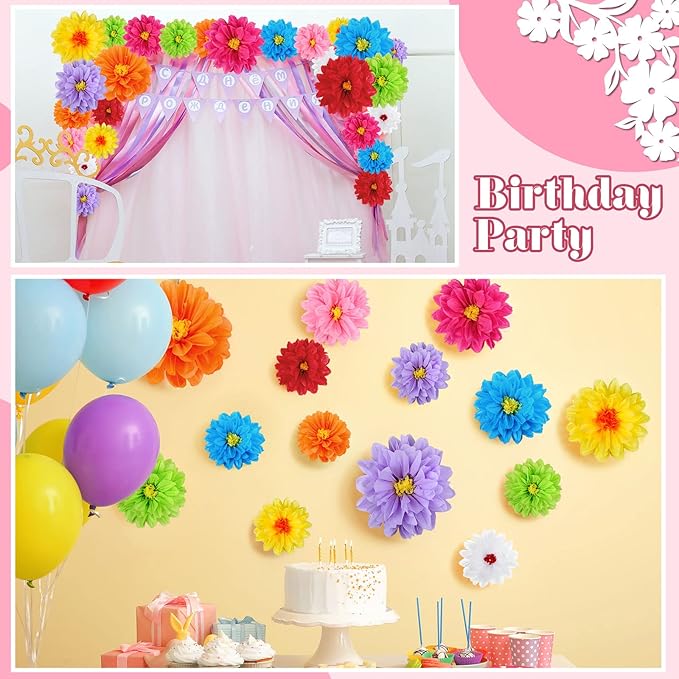 54 Pcs Mexican Flowers Party Decoration Fiesta Tissue Paper Fiesta Colorful Crepe Paper Flowers for Floral Backdrop Wedding Birthday Craft Wall 8" 10" 12"