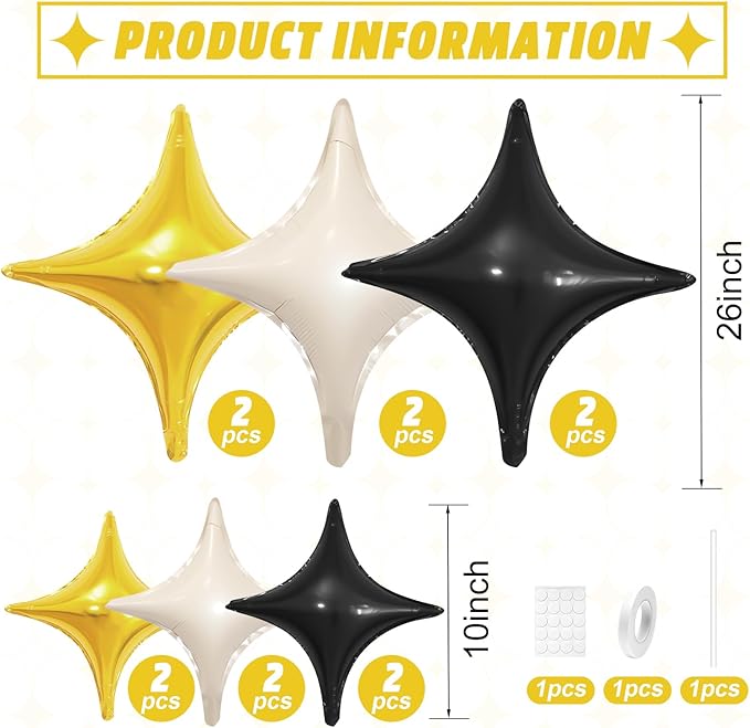 Black White Gold Star Balloons,12Pcs Four Angle Star Foil Balloons,26Inch and 10Inch Black Cream White Quadrangle Helium Balloon for Birthday Baby Shower Anniversary Party Decorations