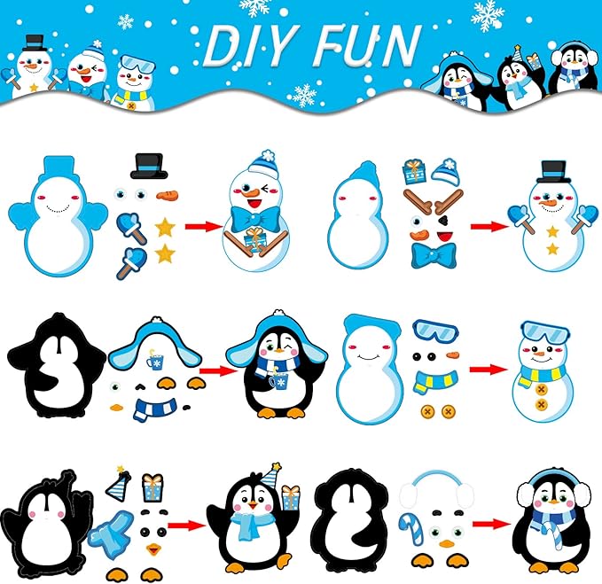 chiazllta 30 PCS Winter Christmas Craft Kits for Kids Holiday DIY Snowman Penguin Sticker Craft Ornament Xmas Art Craft for Party Home Class Game Activities…
