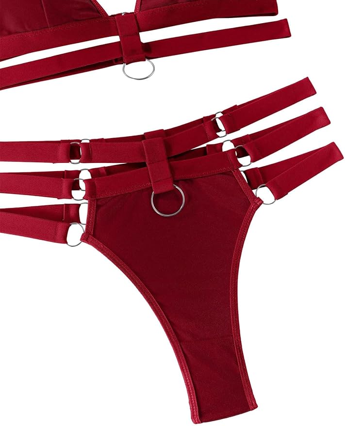 Lilosy Sexy Wireless Choker O Ring Linked Strappy Harness Lingerie Set Outfits 3 Piece