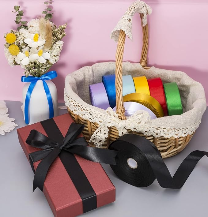 1 Inch Black Solid Satin Ribbon, 50 Yards Craft Fabric Ribbon for Gift Wrapping Floral Bouquets Wedding Party Decoration