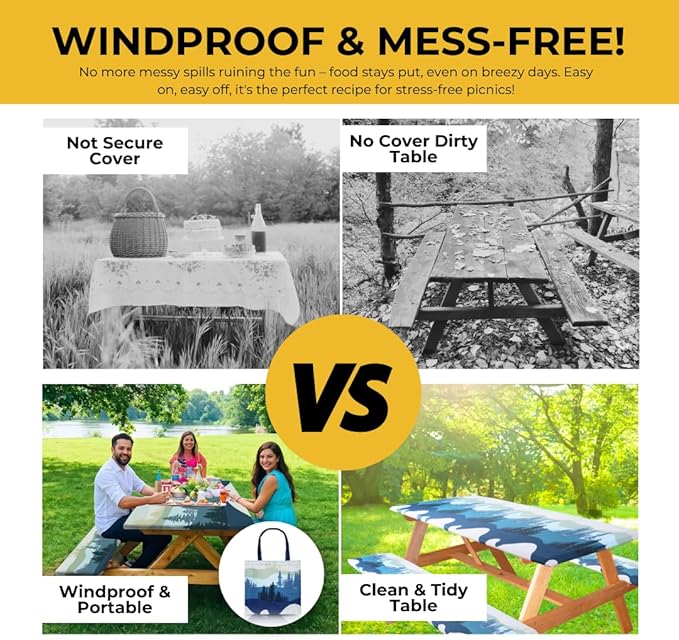 RNOONY 8ft Polyester Picnic Table Cover with Bench Covers Windproof & Waterproof Tablecloth, Perfect for Camping Gifts & RV Essentials, Cool Camping Gadgets, with Carrying Bag, 96x30 Inches, 4Pcs,Blue