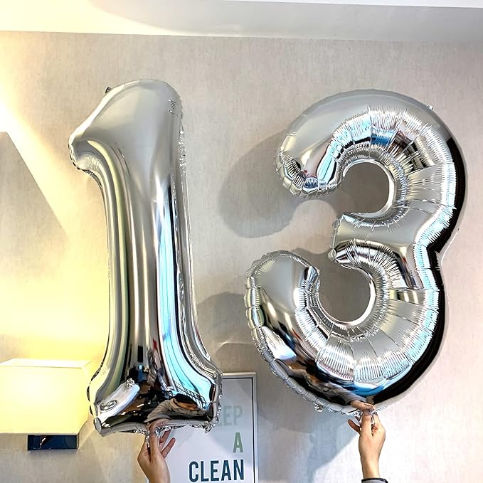 Silver 13 Number Balloons Big Giant Jumbo Large Number 13 Foil Mylar Balloons for Girl Boy 13th Birthday Party Supplies 13 Anniversary Events Decorations-40 inch