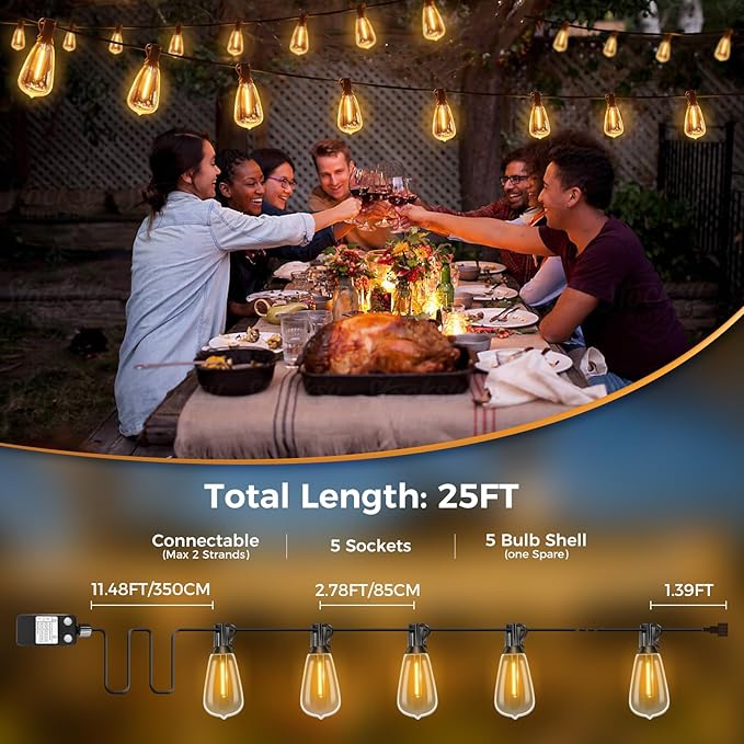 litogo 25 FT LED String Lights for Outside, Waterproof Outdoor Patio Lights with Dimmable Edison Bulbs, Warm White Hanging Light with Timer for Porch Backyard Gazebo Holiday Party