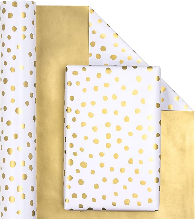WRAPAHOLIC Reversible Wrapping Paper - Mini Roll - 17 Inch X 33 Feet - Gold Print and Delicate Polka Dots Design for Birthday, Christmas, Wedding, Baby Shower