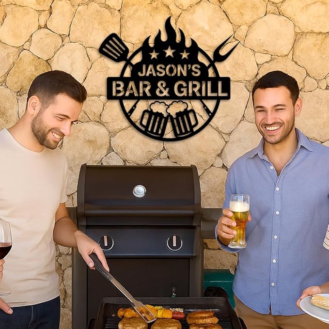 Custom Bar and Grill Metal Sign, Personalized Backyard BBQ Plaque with Beer Mugs and Fire Design, Outdoor Patio Wall Art for Home Bar or Garden, Rustic Grill Decor, Birthday, Christmas, Holiday Gift