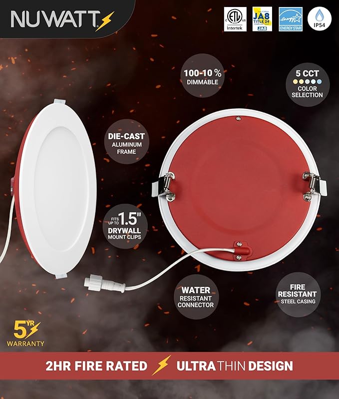 NUWATT 12 Pack 6 Inch 2 Hour FIRE Rated LED Recessed Lighting, 2700K/3000K/3500K/4000K/5000K Selectable, 1200 Lumens Dimmable, Wet & IC Rated Ultra Thin Canless LED Wafer Lights, No Fire Cone Needed