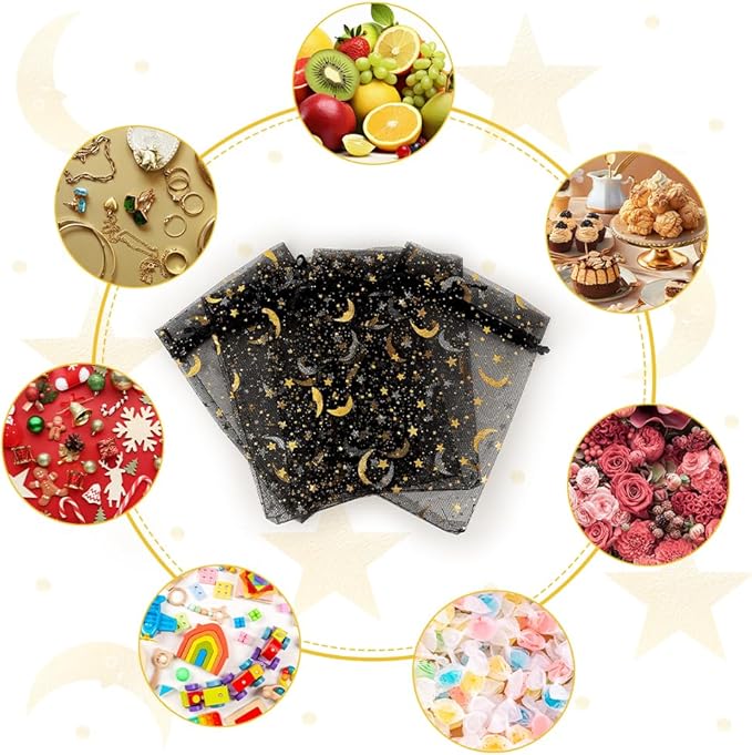 Moon Star Organza Bags 4x6 Small Mesh Bag Drawstring 50 Pcs Mesh Gift Bags Drawstring Pouch Wedding Favor Bags Jewelry Pouches Bulk Gift Pouch for Candy Soaps Birthday Festival Party Supplies, Black