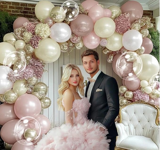 Dusty Pink White Beige Balloon Arch - Double Stuffed Pink Mauve Pearl White Nude Gold Balloon Garland Kit Boho Blush Cream Balloons for Baby in Bloom Baby Shower Bridal Wedding Birthday Party Decor
