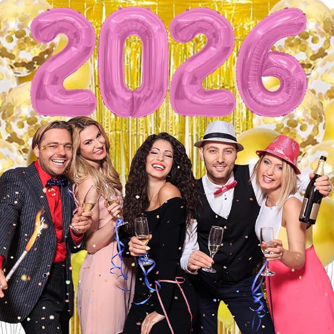 2026 Balloons, 2026 Number Balloons, 2026 Pink Balloon, Foil Happy New Year Balloon for New Year Eve Party Supplies 2026 Graduation Decorations Anniversary Birthday Home Office Decorations, 16 Inch