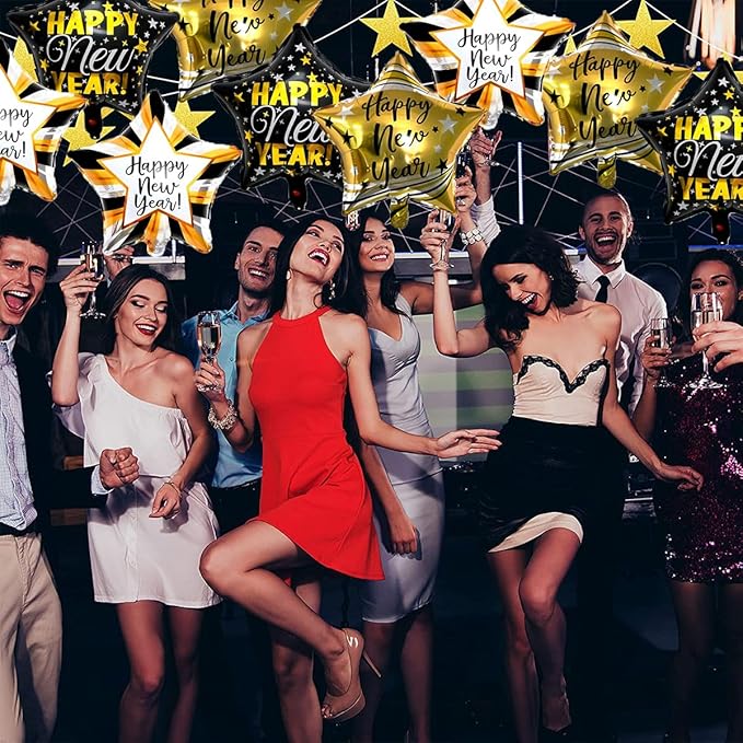 9pcs Happy New Year Balloons, Black and Gold Star Foil Balloon For 2026 New Years Eve Party Supplies
