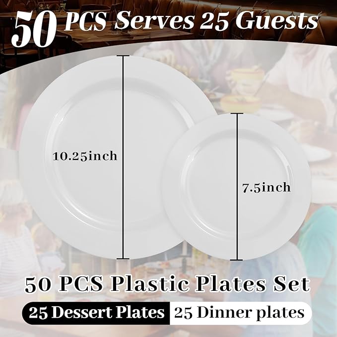 MENDENG 50PCS White Plastic Plates for Party, 25x10.25 Dinner Plates & 25x7.5 Dessert Plates, Heavy Duty Disposable Plastic Plates for Wedding Party Picnic Family Dinner