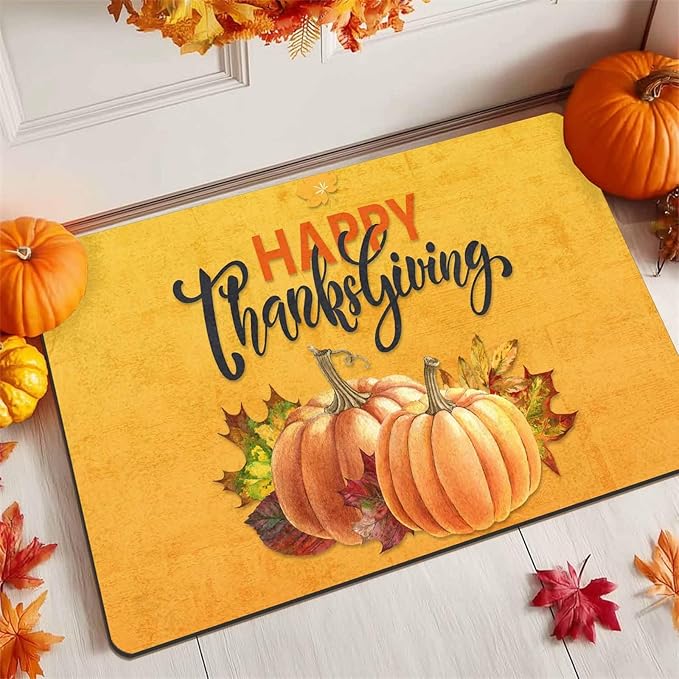 InterestPrint Happy Thanksgiving Doormat Orange Pumpkin Welcome Doormat Farmhouse Floor Mat Non-Slip Entrance Hello Rug Door Rugs for Indoor Outdoor Home Decor