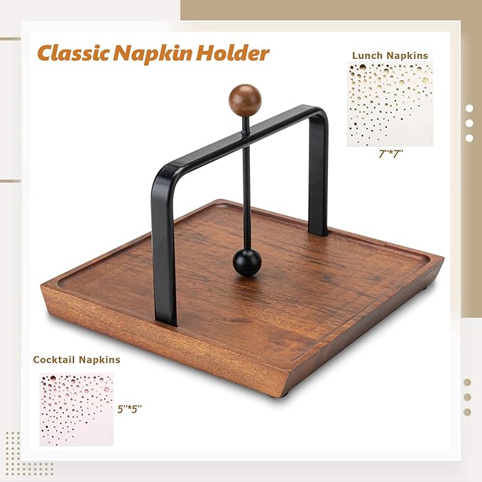 ALLCENER Wooden Napkin Holder for Table, Rustic Kitchen Decor for Counter, Cocktail Flat Napkin Holder with Weighted Arm and Handle for Kitchen, Hotel, Cafe, Bar