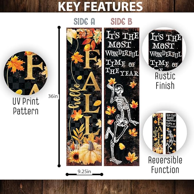36in Fall Halloween Porch Sign - Vintage Autumn Decoration - Rustic Modern Farmhouse Entryway Decor - Reversible Design