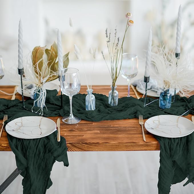 Cheesecloth Table Runner 6 Pack – 35x120 Inch (10ft) Boho Rustic Gauze Cloth Runners – Crinkle Polyester Table Decor for Wedding, Baby Shower, Bridal Shower, Birthday Party and More (Emerald Green)