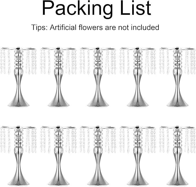 10 Pcs Silver Vases for Centerpieces, 13.8in Crystal Flower Arrangement Stand, Wedding Centerpieces for Tables, Tall Metal Flower Vase Holders for Wedding, Event, Reception, Birthday, Home Decor