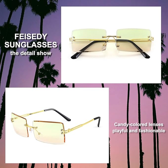 FEISEDY Vintage Rimless Sunglasses Rectangle Frameless Candy Color Glasses Women Men B2642