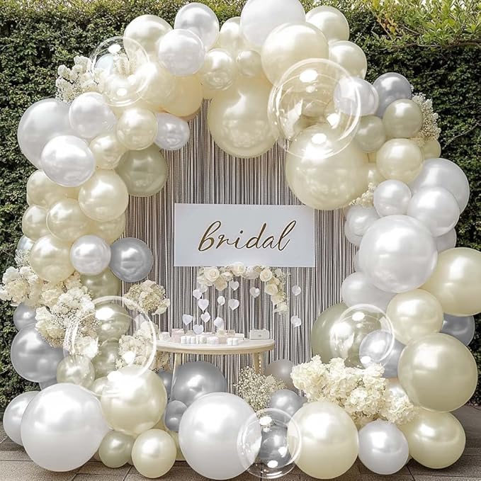 White Balloon Arch Double Stuffed Sand White Gold Pearl Bobo Balloons Light Gold Silver Latex Balloon Garland for Birthday Wedding Baby Shower Bridal Shower Baptism Party Decor