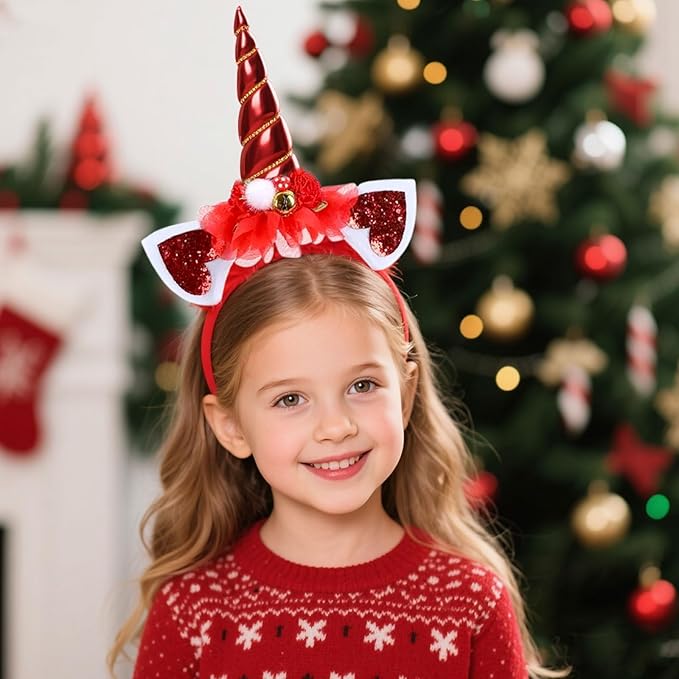 Christmas Unicorn Headband for Women - Festive Red Glitter Unicorn Ear Hairband, Cute Holiday Party Headwear for Xmas, New Year, Costume, Photo Props, Family Accessories