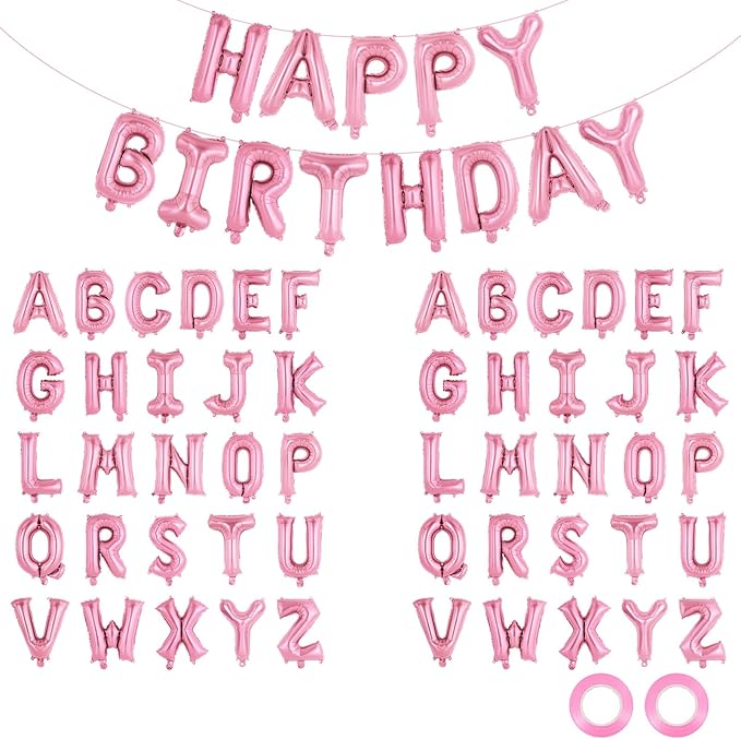 65 Pcs Pink Happy Birthday Balloons and 2 Sets A-Z Letters Foil Balloons, 16 Inch Personalized Name Happy Birthday Banners for Wedding Baby Shower Anniversary Party Decorations (Pink)