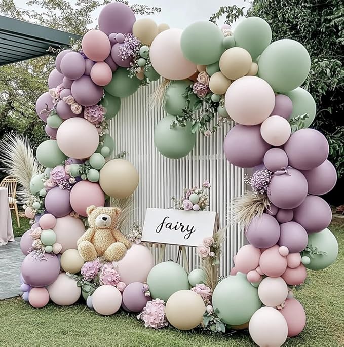 Dusty Green Purple Balloon Garland Double Stuffed Pastel Green Lavender Pink White Sand Balloon Arch Kit Light Lilac Cream Balloons for Baby Shower Birthday Wedding Flower Fairy Party Decor