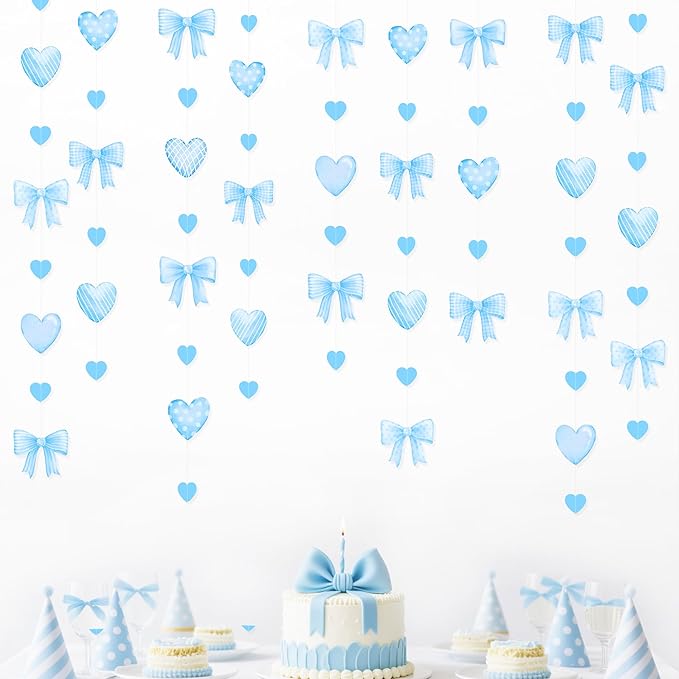 Blue Bow Decorations Blue Plaid Twill Polka Dot Bow Heart Hanging Streamer Garland Banner for Baby Shower Birthday Wedding Bridal Shower Bachelorette Coquette Anniversary Party Decorations Supplies