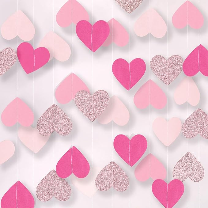 Pink Birthday Bachelorette Party Decorations: Hot Pink Rose Gold Hearts Banner Garland Streamers Backdrop for Wedding Engagement Bridal Baby Girls Shower Mothers Valentines Day Décor - 52 Ft