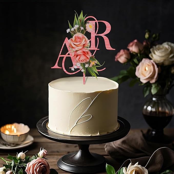 Wedding Cake Topper with 3D Artificial Flowers and Green Leaves Custom Initials Personalized Wooden Anniversary Cake Decoration (Pink)