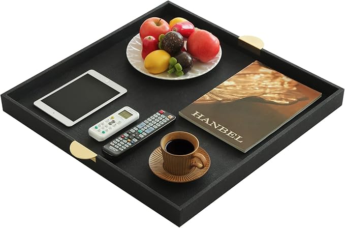 HofferRuffer Extra Large Square Serving Tray, Elegant Faux Leather Ottoman Tray with Gold Hardware Handles, Serve Tea, Coffee or Breakfast in Bed, 23.6 x 23.6 inches, Black Large Square