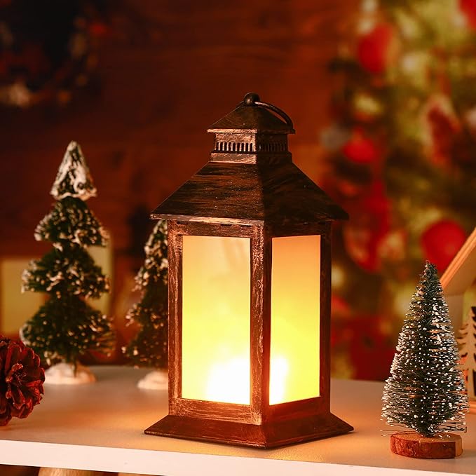 Tondiamo 4 Pcs Vintage Decorative Lantern for Centerpiece Wedding Tall Retro Hanging Lantern LED Pillar Candles Battery Operated Candles Waterproof for Christmas Indoor Party Decoration(Bronze)